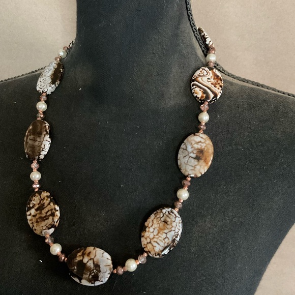 Jasper necklace. Handmade. Black, brown, white, gold. 25.5 inches long. - Picture 2 of 9